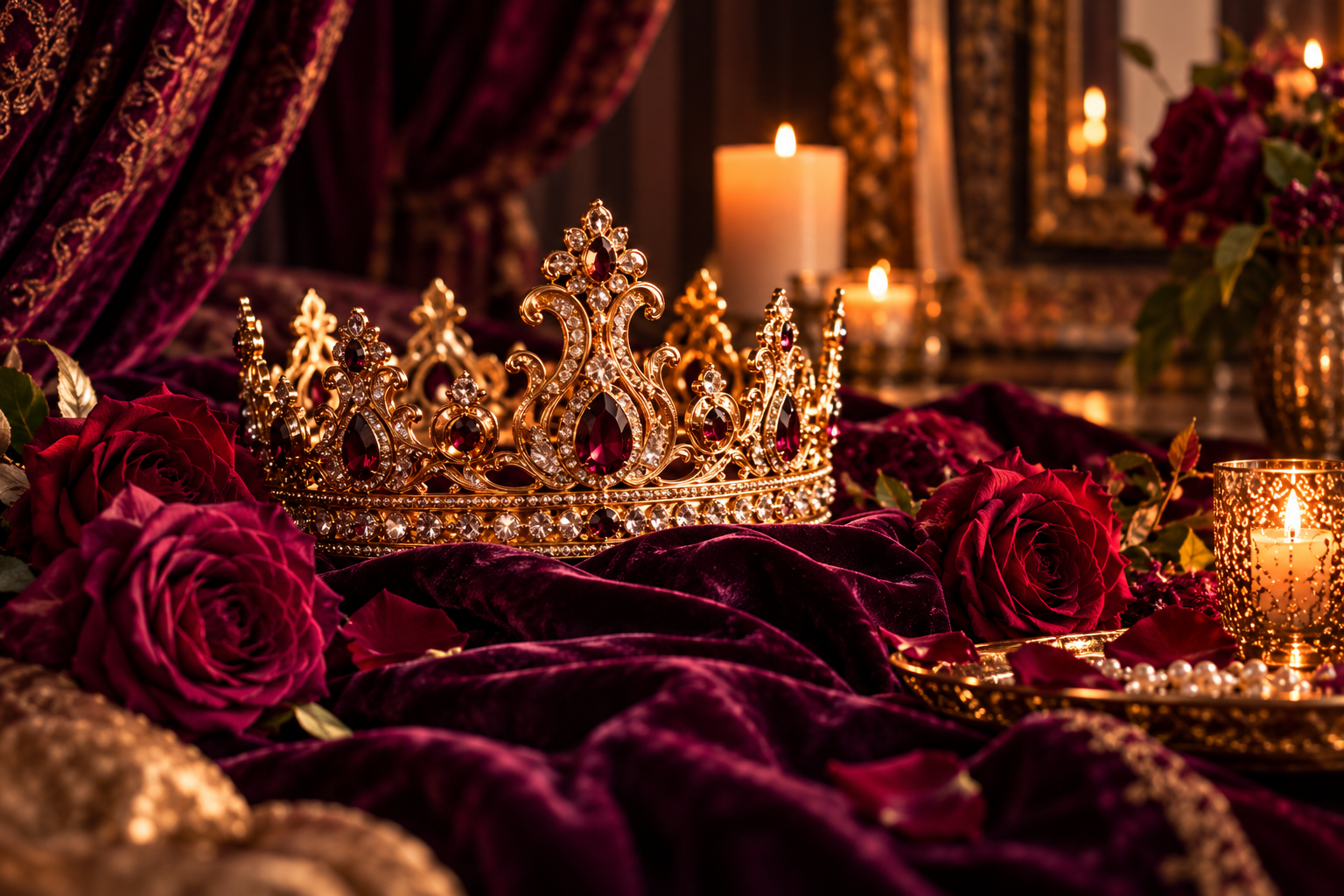 A jeweled gold crown resting on plum velvet among ruby roses, pearls and candlelight