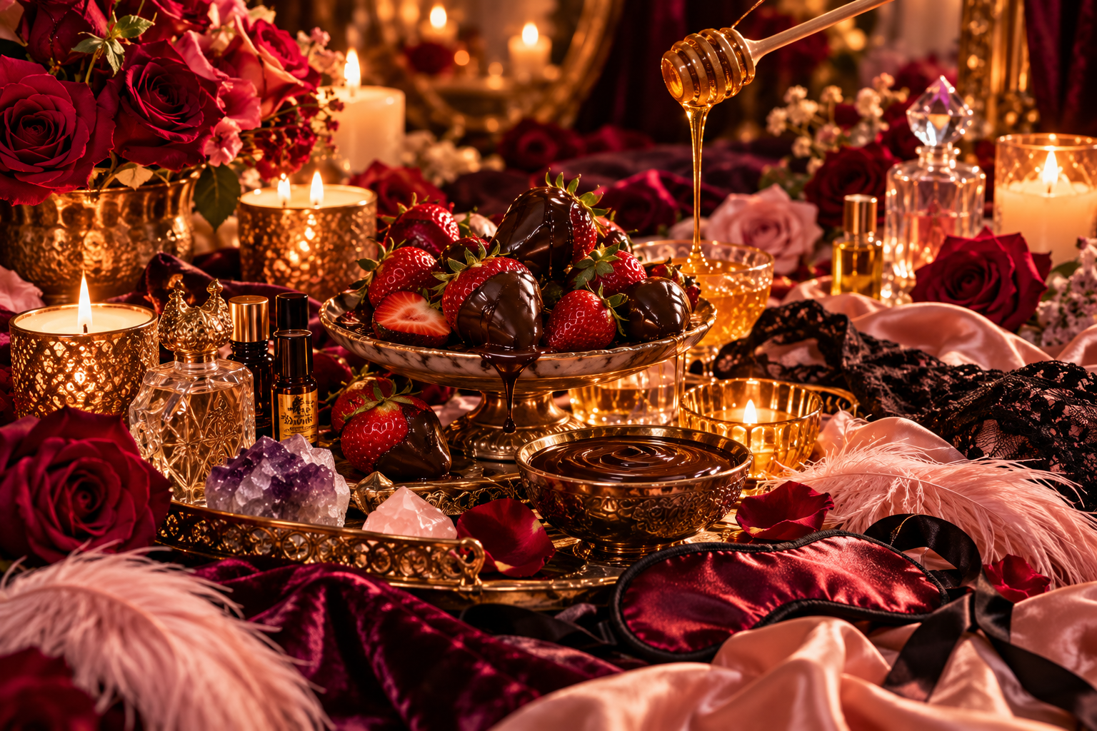 Strawberries with flowing chocolate, golden honey, ruby roses, satin, velvet, candlelight, crystals and perfume bottles