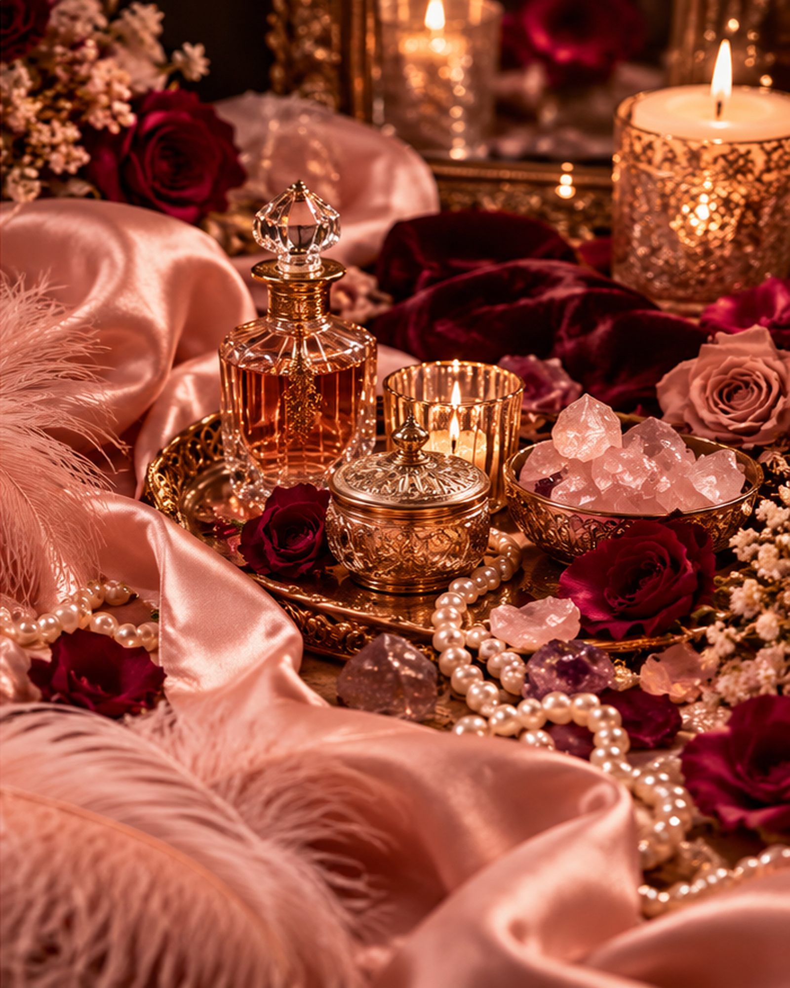 Blush satin, a crystal perfume bottle, pink feathers, pearls, rose quartz and ruby roses in candlelight