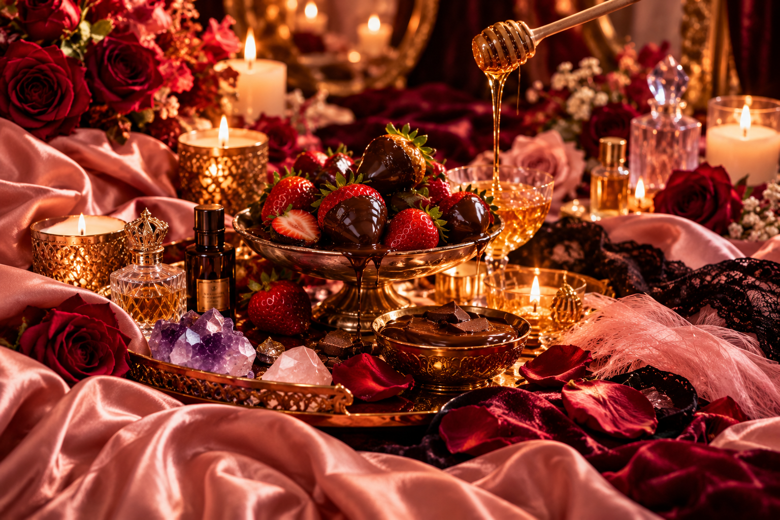 Strawberries with flowing chocolate, golden honey, ruby roses, satin, velvet, candlelight, crystals and perfume bottles