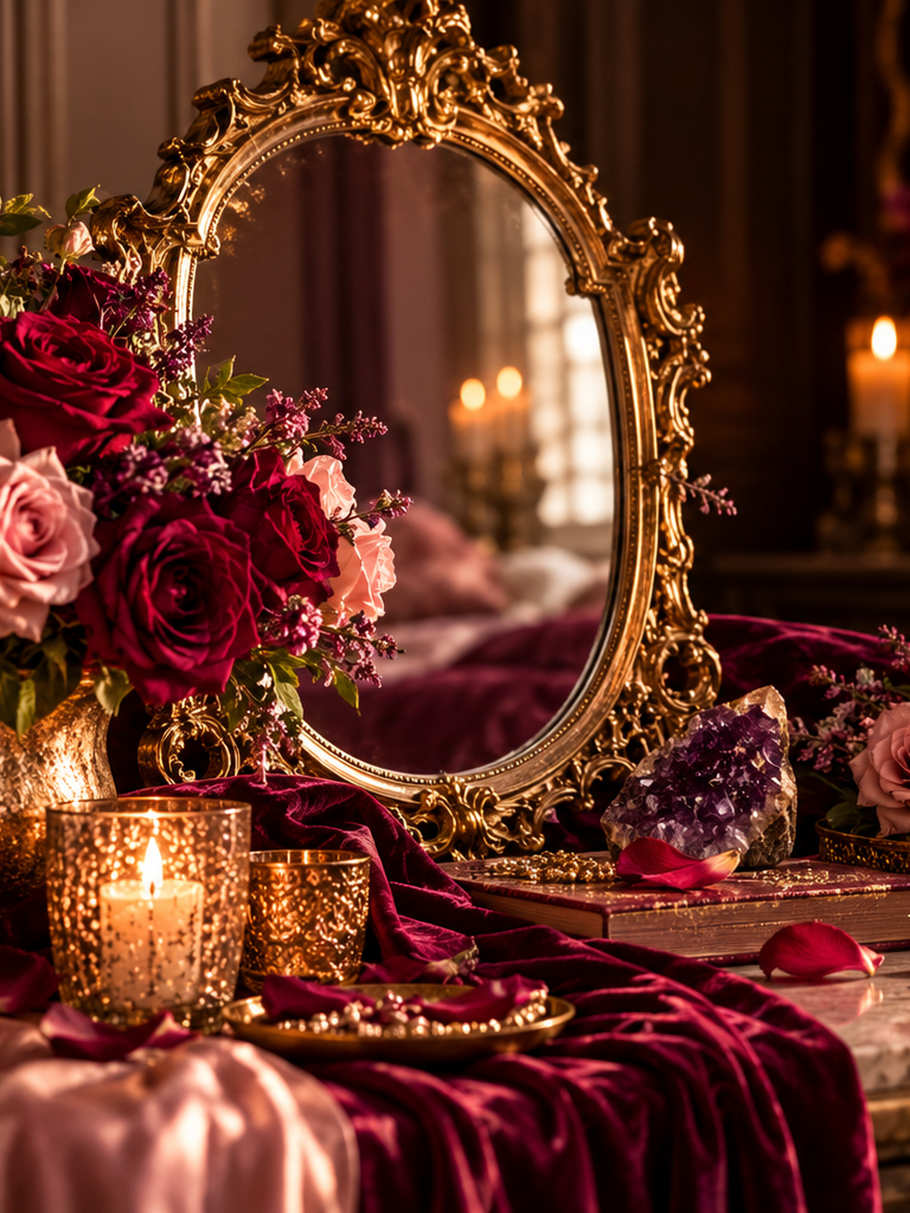 Antique gold mirror with ruby and blush roses, velvet, candlelight and amethyst