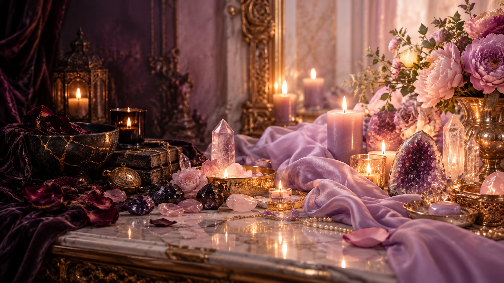 A candlelit altar of rose quartz, amethyst, lavender silk, pearls and peonies