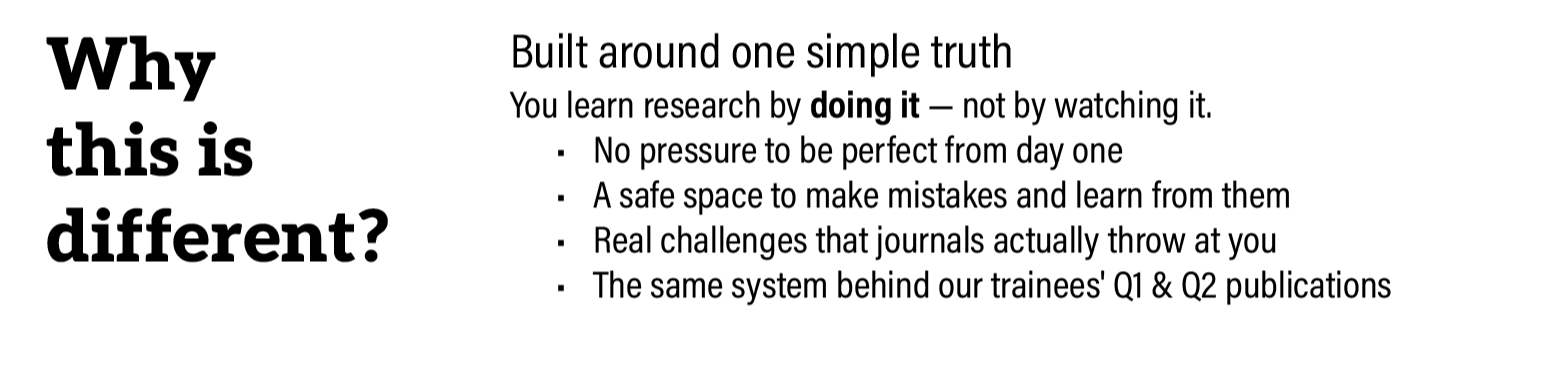 The method  You won't be handed a perfect dataset  You'll be given a deliberately broken project — messy data, conflicting results, a pivoted methodology — and your job is to fix it. This is exactly what real research looks like, and it's the only way to build genuine research instincts.