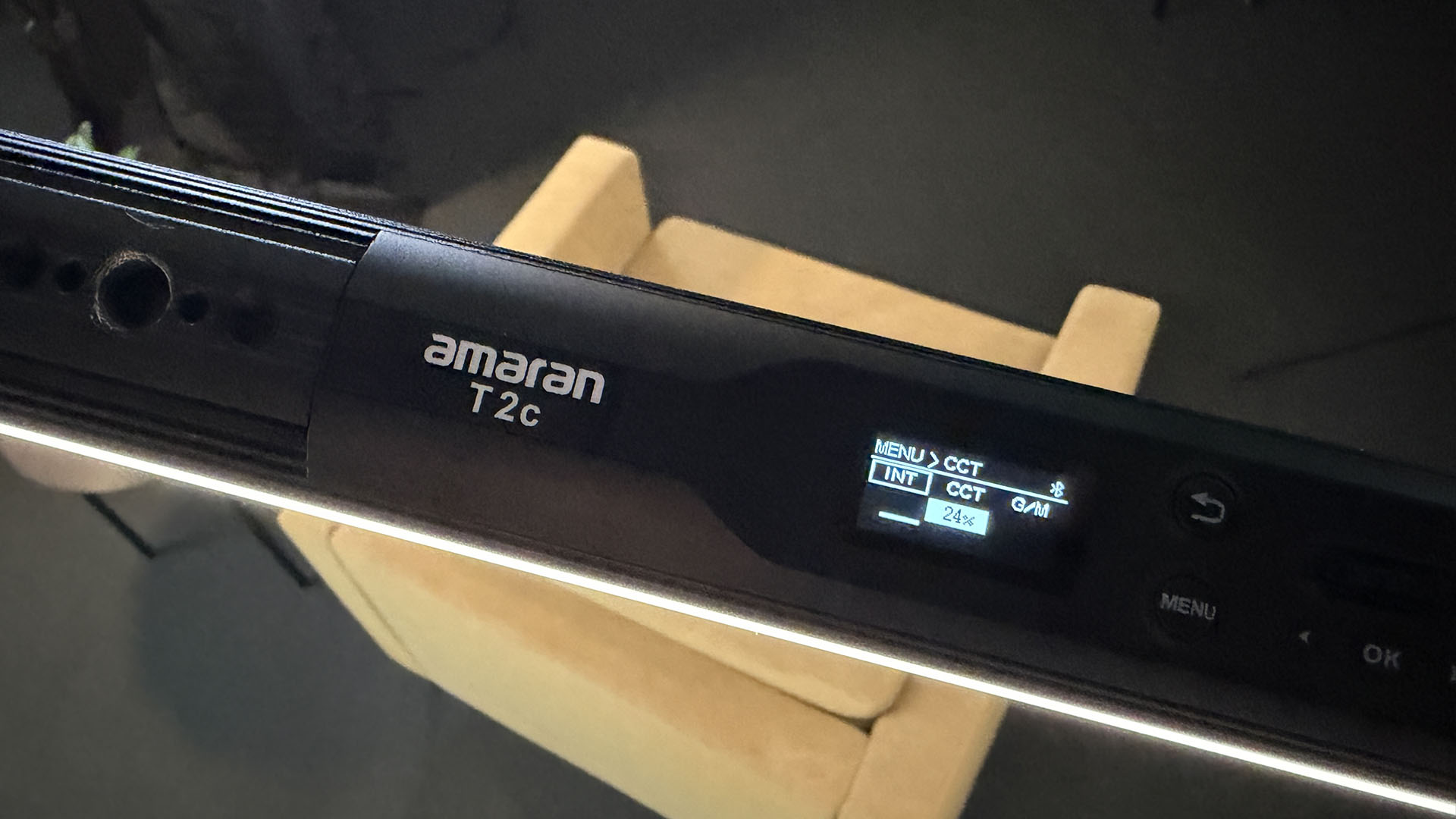 Amaran tube light used as a subtle warm top light above the interview subject
