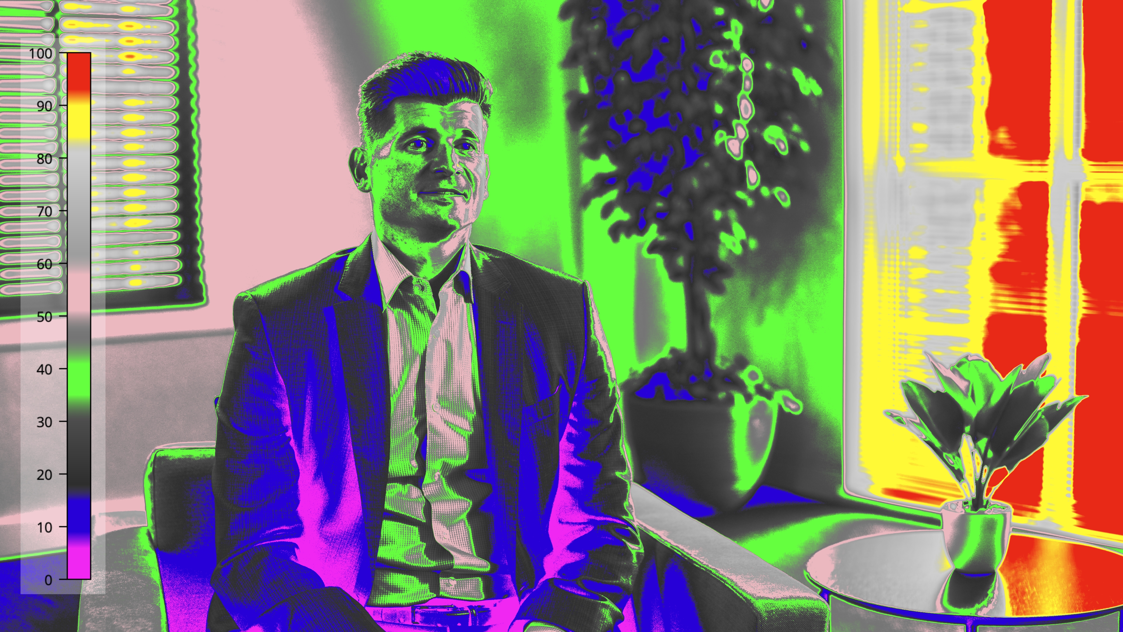 False-color view showing the exposed face and lower-level background in the finished interview