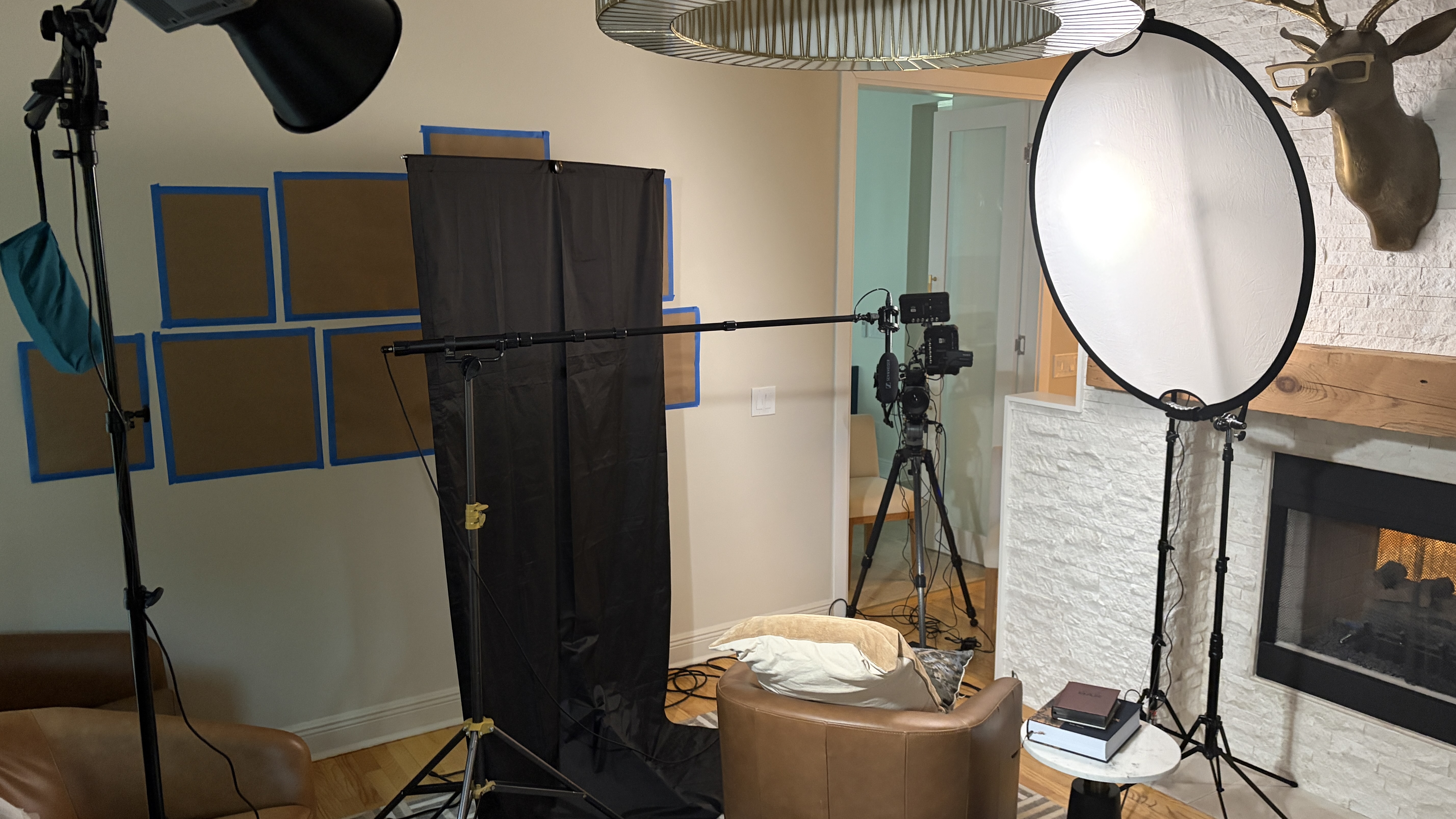 Complete interview lighting setup with diffused key and large negative fill