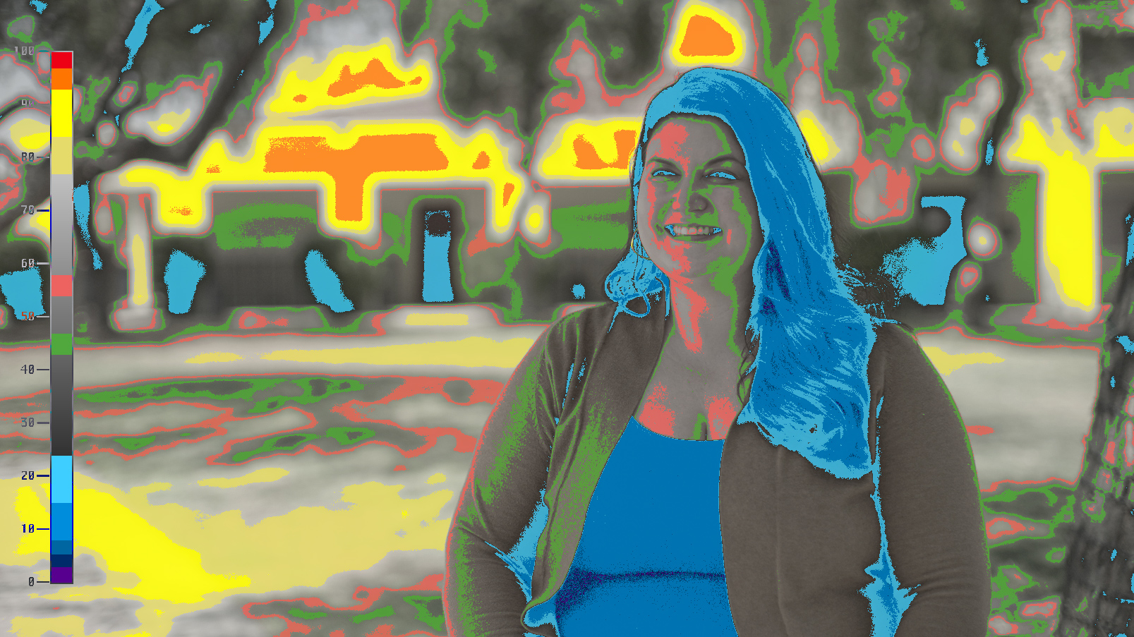 False-color view used to place the outdoor background exposure before lighting the subject