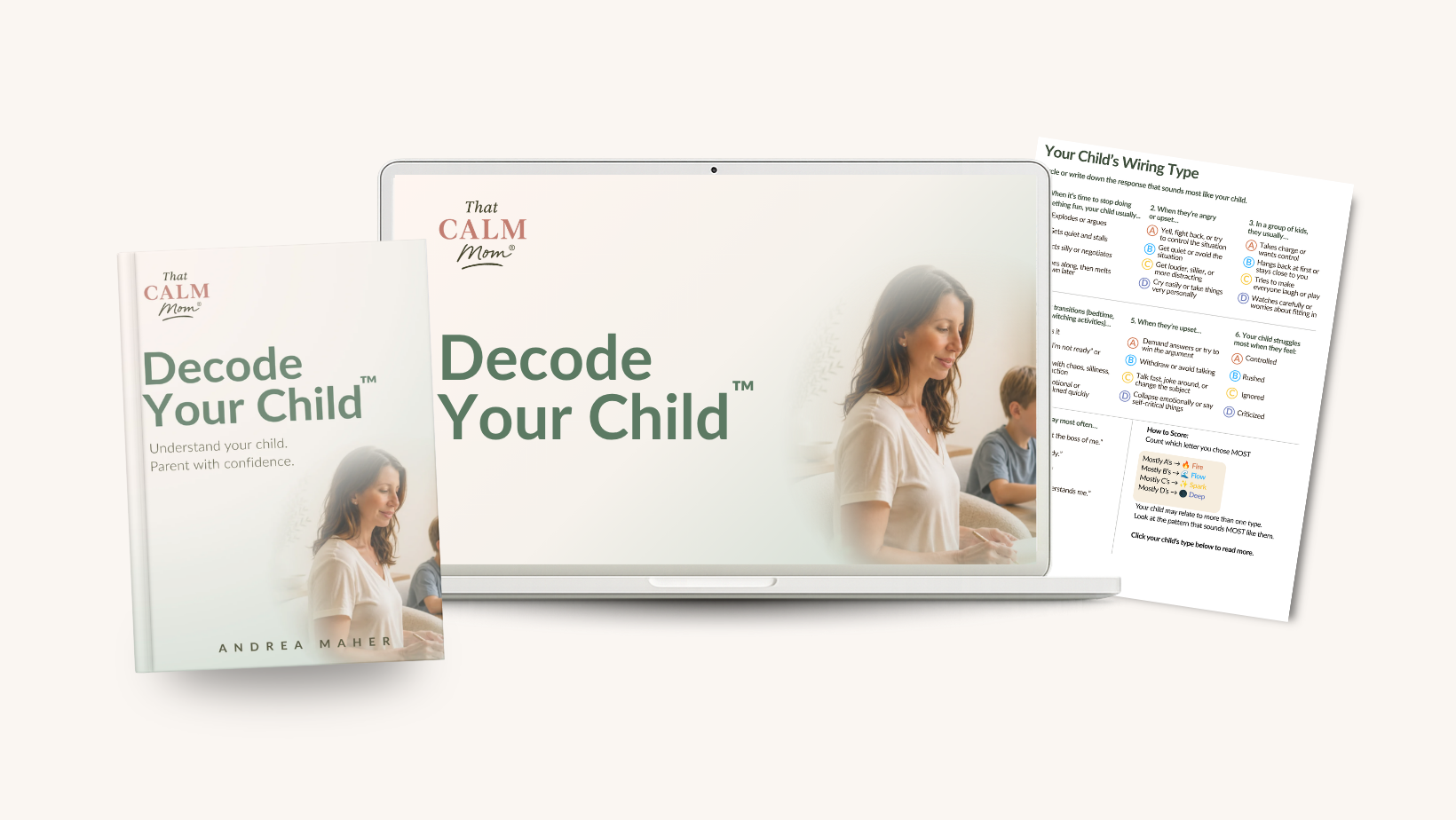 Decode Your Child™ — book cover, laptop lesson, and child's wiring-type quiz mockup