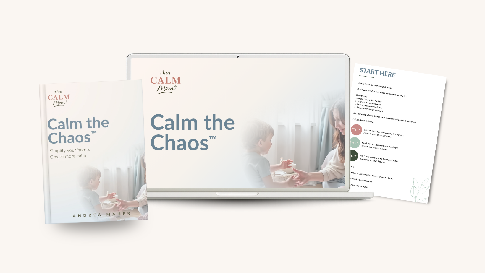 Calm the Chaos™ — book cover, laptop lesson, and printed guide mockup