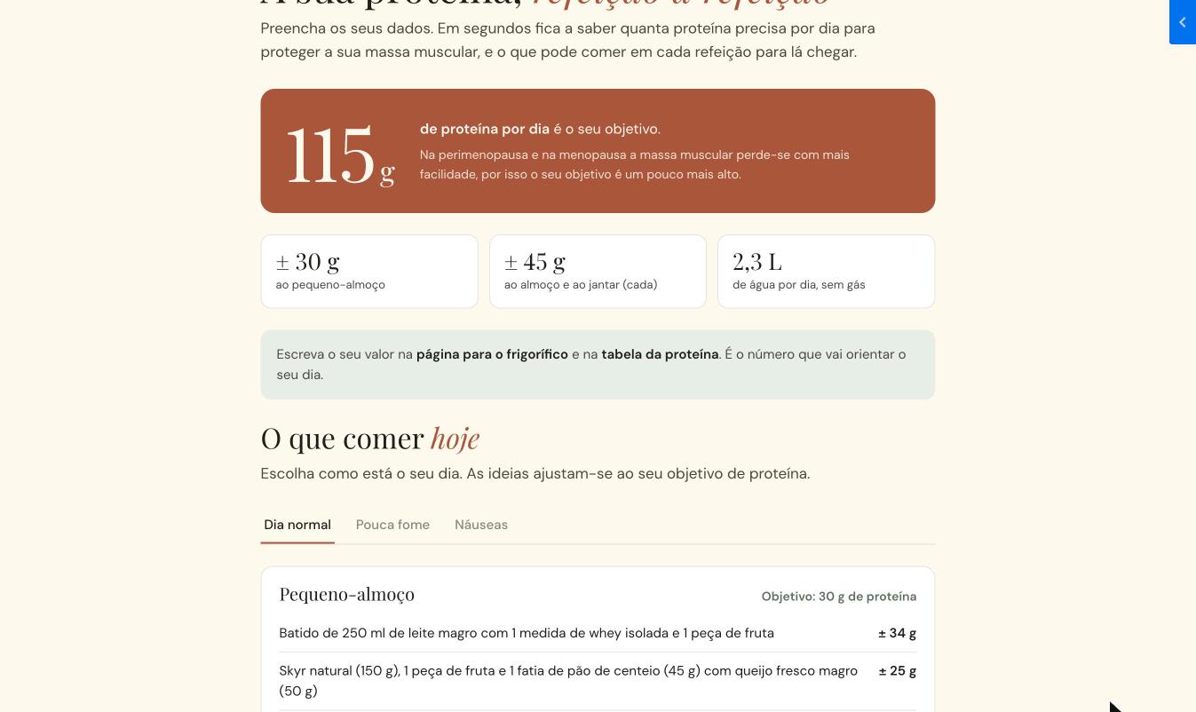 Resultado da calculadora do GLP-1 Essencial: objetivo diário de proteína e ideias de refeições