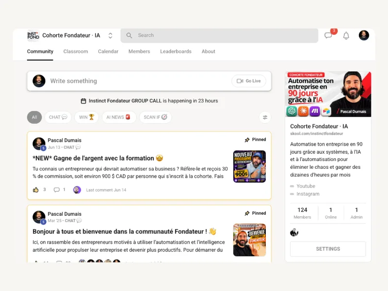 Communauté Cohorte Fondateur sur Skool avec les membres et les discussions