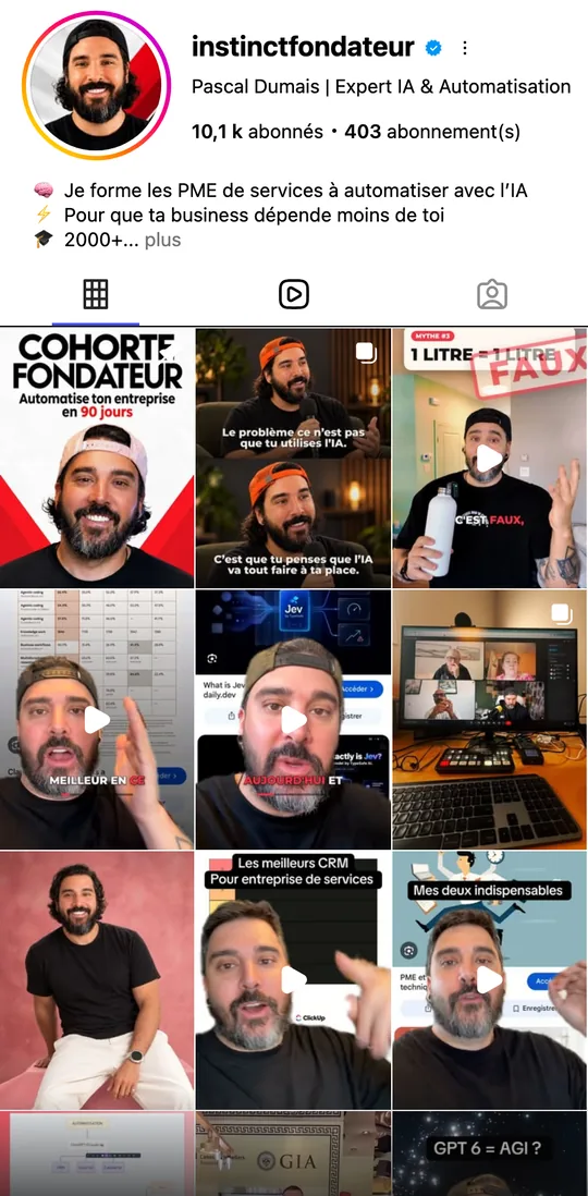 Capture de mon profil Instagram @instinctfondateur : compte vérifié, 10,1 k abonnés