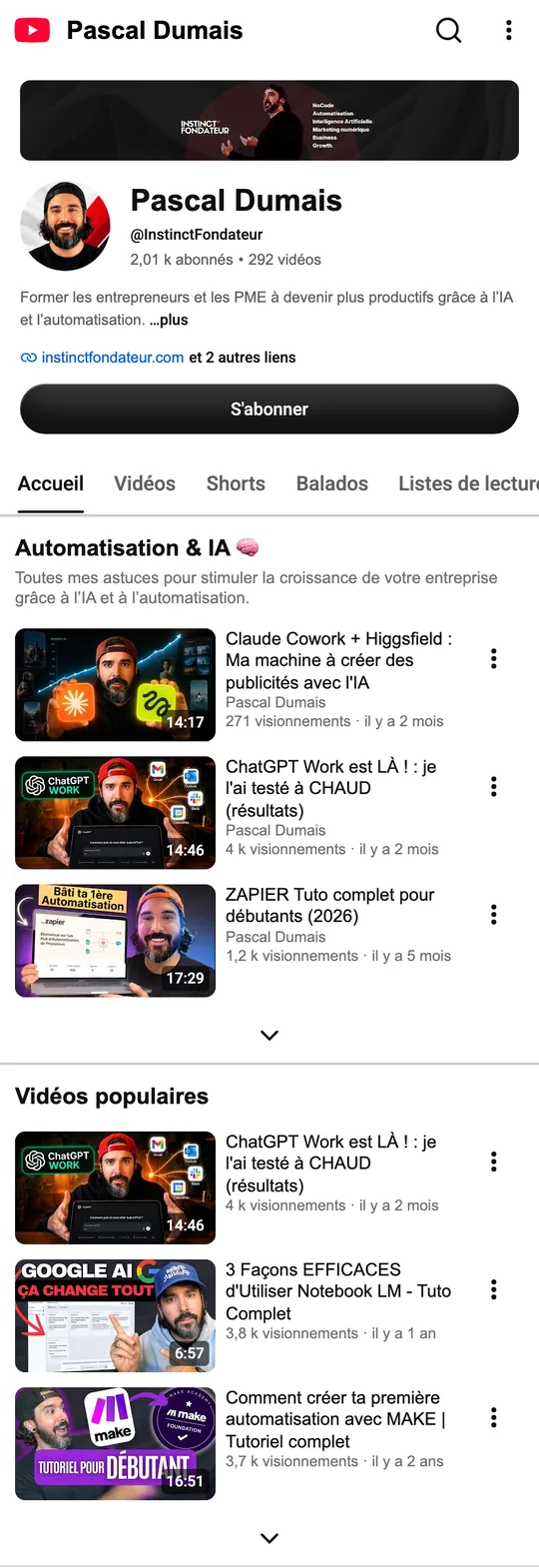 Capture de ma chaîne YouTube @InstinctFondateur : 2,01 k abonnés, 292 vidéos