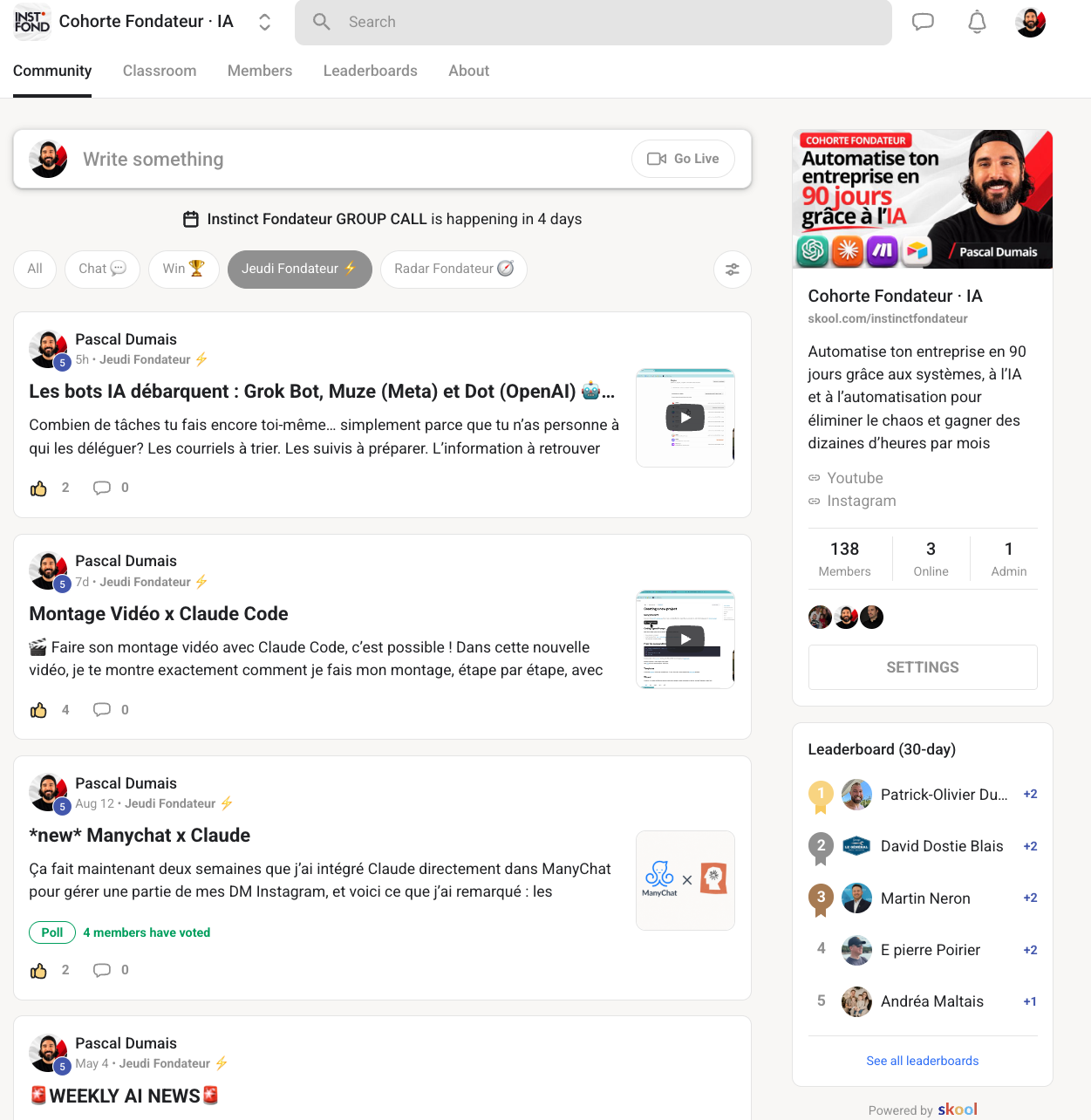 La communauté privée Skool de la Cohorte Fondateur, avec les publications des Jeudis Fondateur