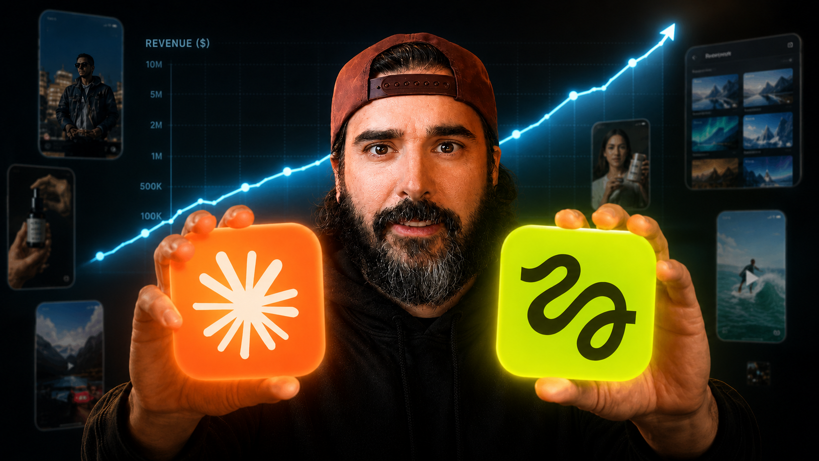Pascal Dumais tenant les logos de Claude et Higgsfield devant un graphique de revenus publicitaires en croissance