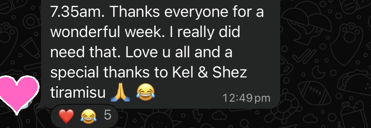 Guest message of gratitude sent during RECHARGE Bali retreat