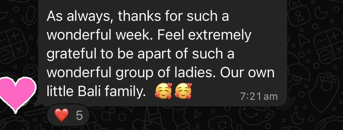 Guest message of gratitude sent during RECHARGE Bali retreat