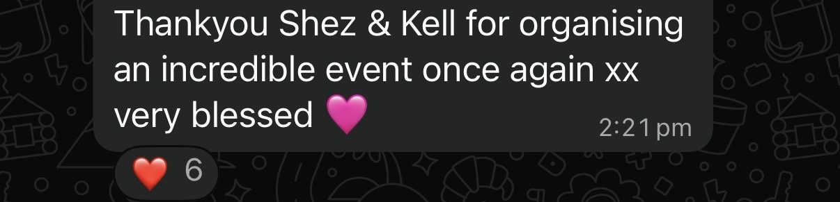 Guest message thanking Shez and Kell after RECHARGE Bali retreat