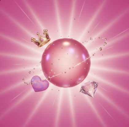 A glowing pink orb with a crown, heart and diamond