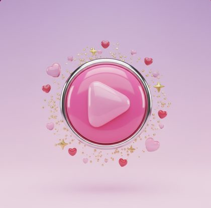 A glossy pink play button surrounded by hearts