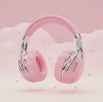 Pink headphones floating on clouds