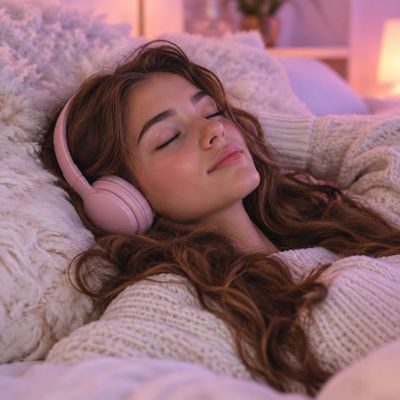 A woman in pink headphones drifting toward sleep