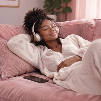A woman relaxing on a pink sofa with eyes closed