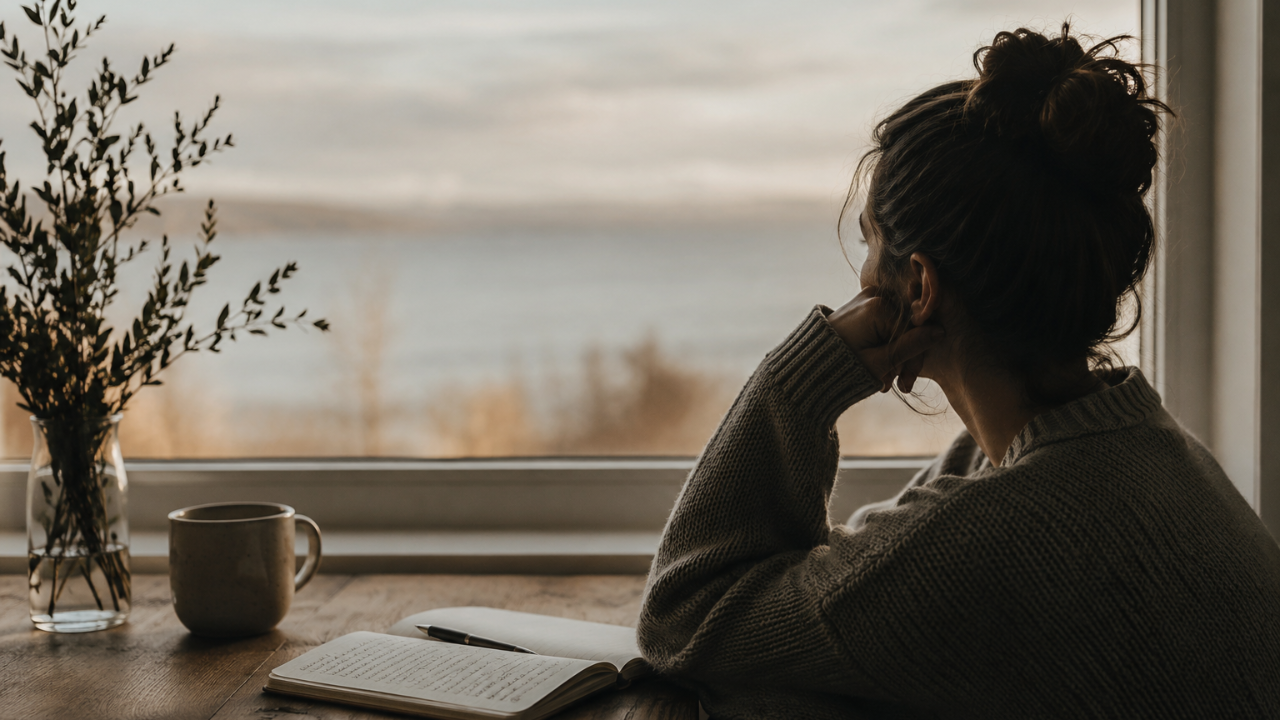 Woman sitting by a window reflecting with an open journal on the table.