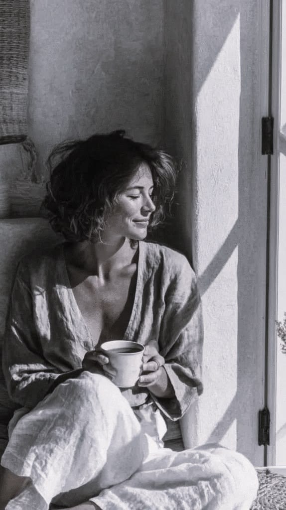 Woman enjoying a slow morning with a cup of tea in the sunlight