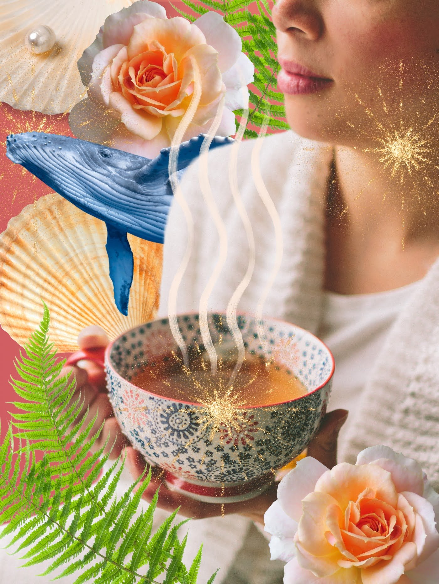 A cup of tea amid roses, ferns, a whale and golden light.