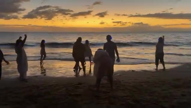 Dancers stand by the sea as the sky turns golden at sunset.