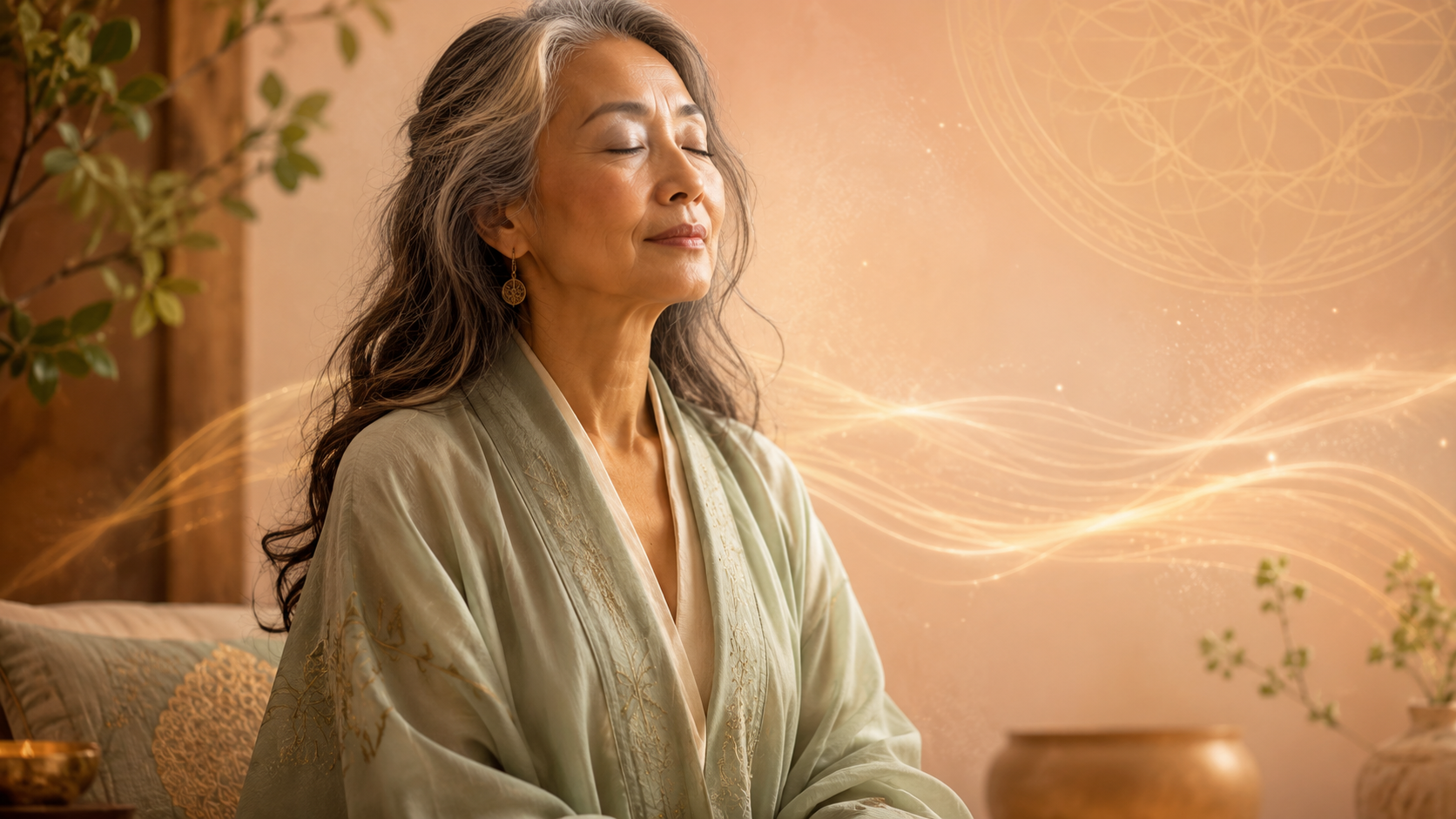 An older Chinese woman receiving Akashic messages with her eyes closed