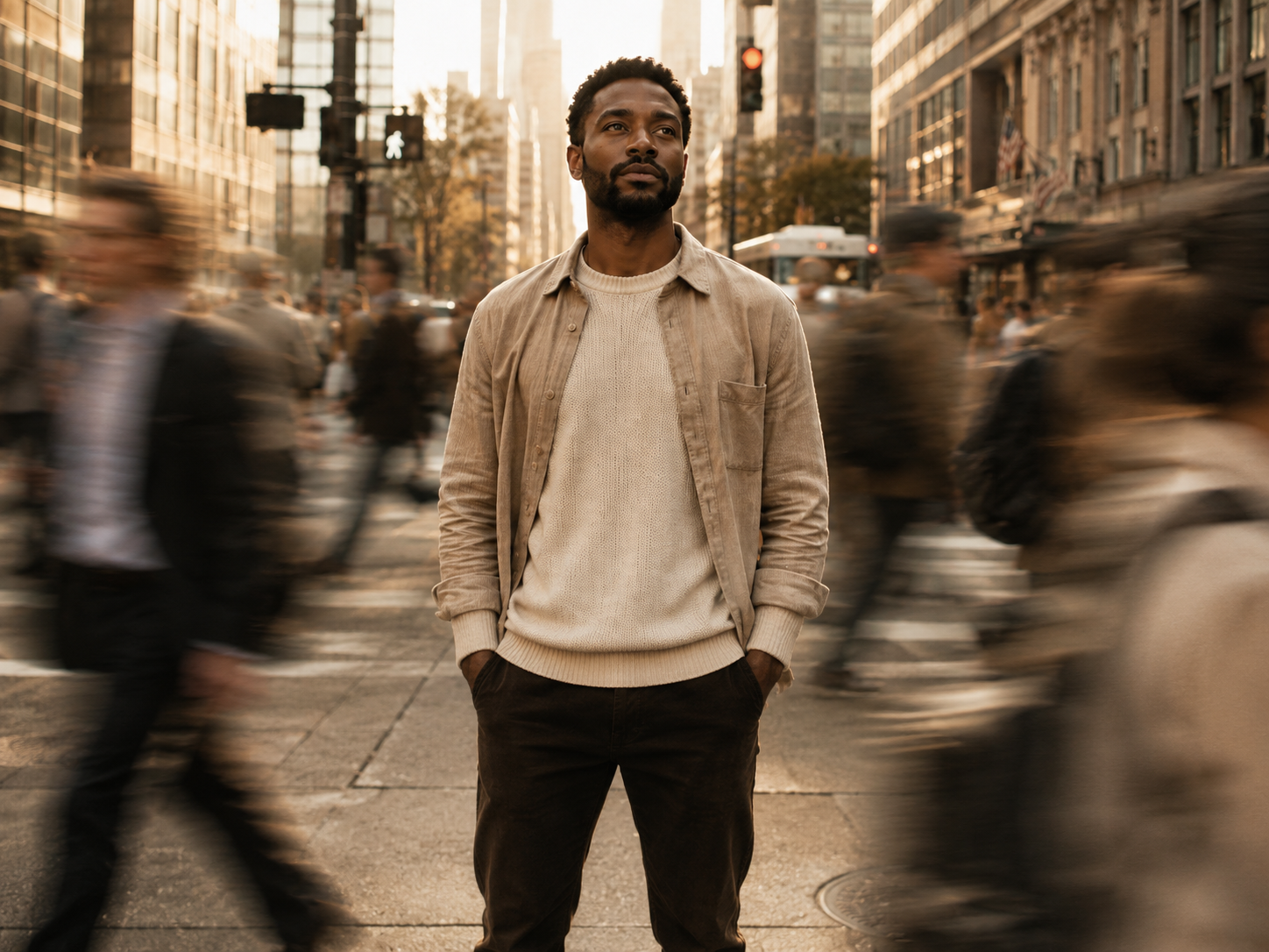 A Black man standing calmly amid the movement of a busy North American city