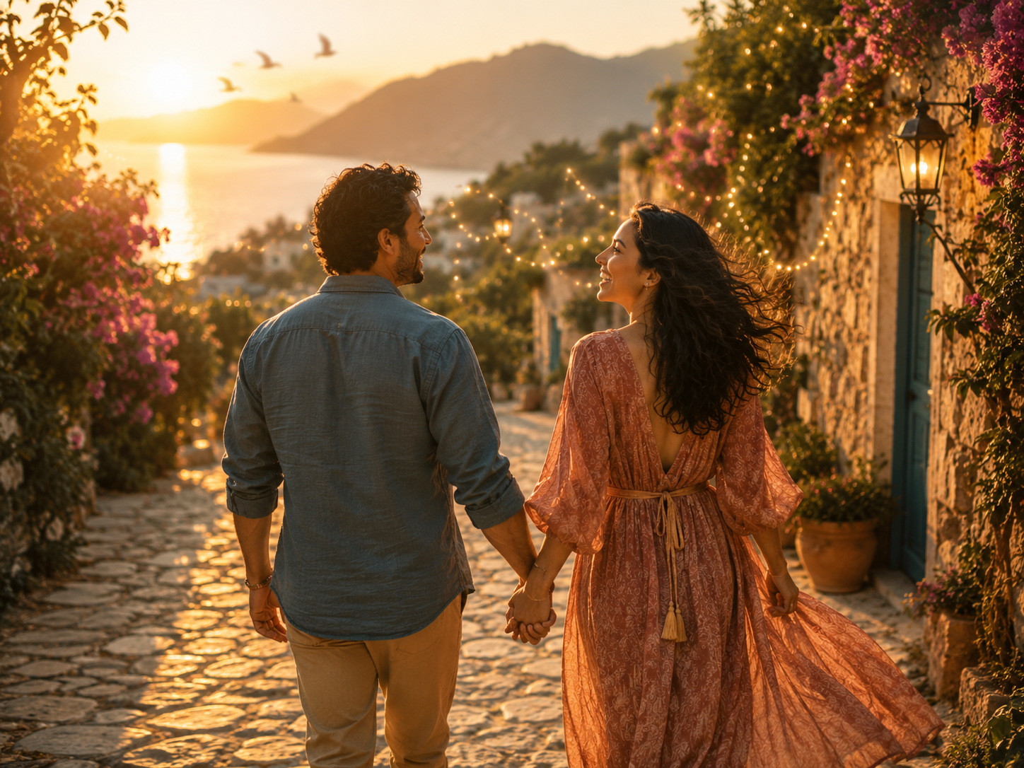 A joyful woman walking through a luminous landscape of magic and miracles