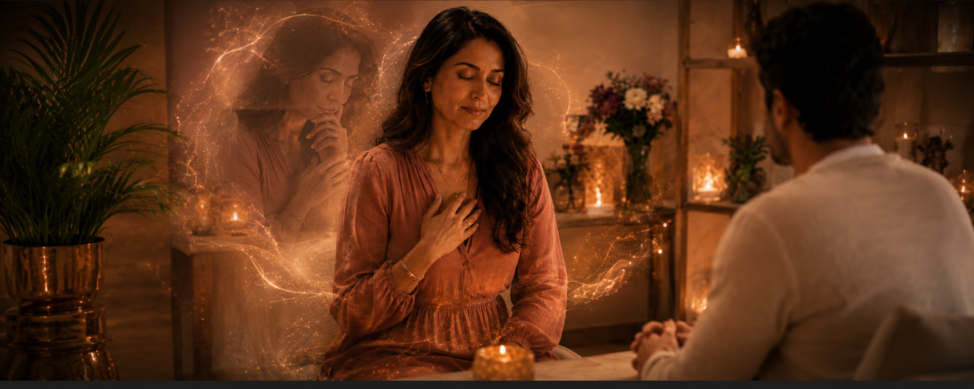 An Indian woman conducting an Akashic Records reading for another person