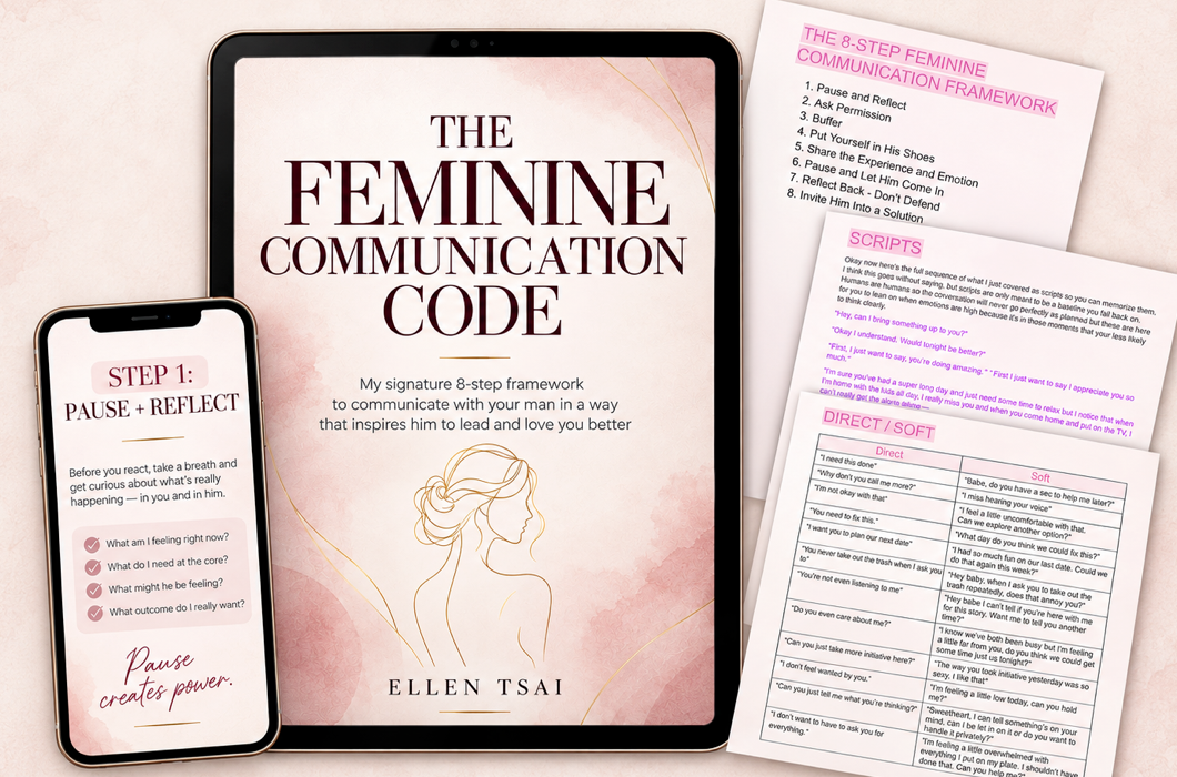 The Feminine Communication Code framework shown on a tablet, phone, and companion sheets