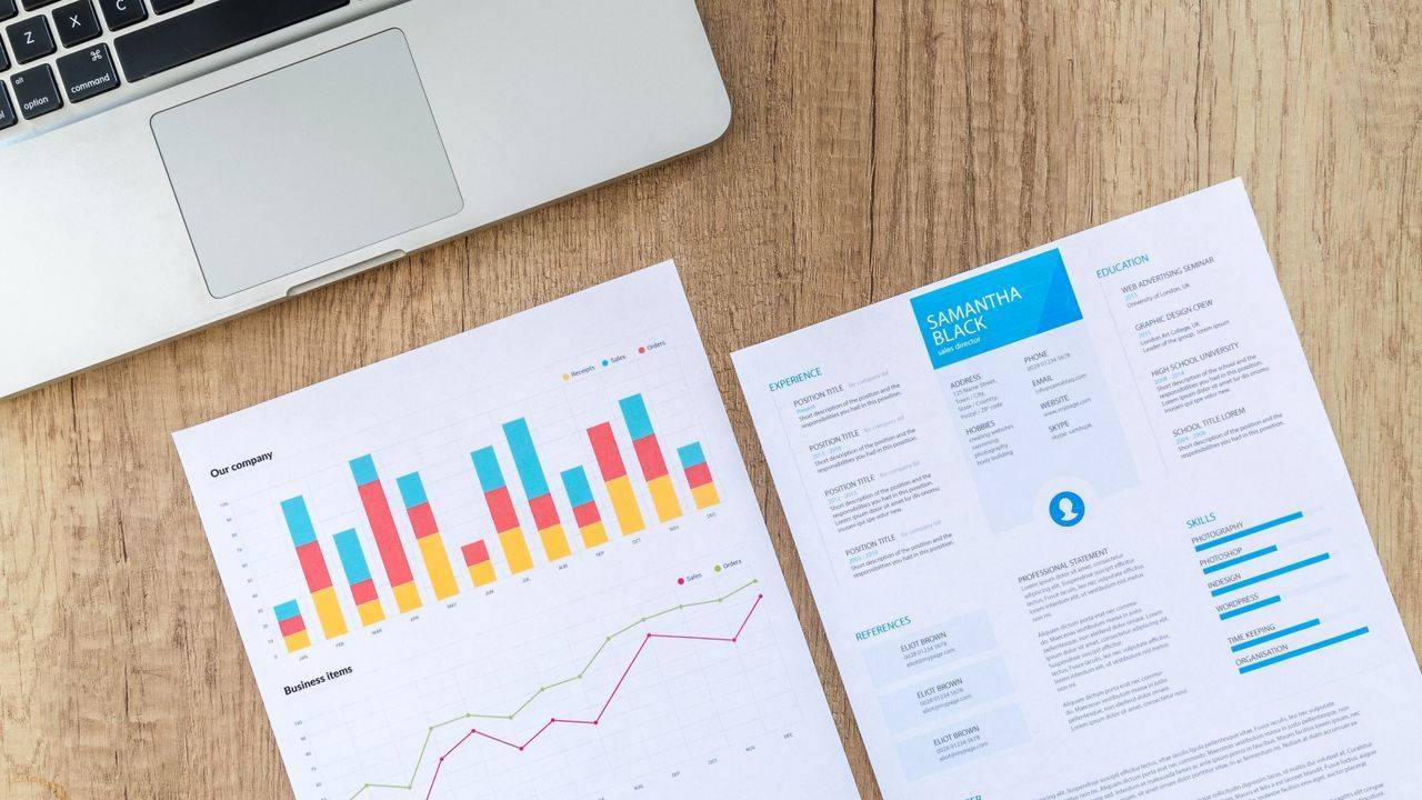 CV with colourful bar charts next to a laptop on a wooden desk