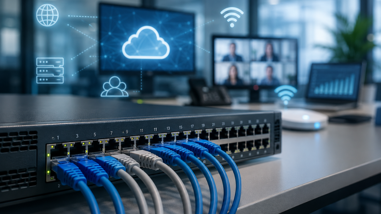 Netzwerk-Switch mit angeschlossenen Netzwerkkabeln als Grundlage für Cloud-Dienste, WLAN und digitale Arbeitsplätze