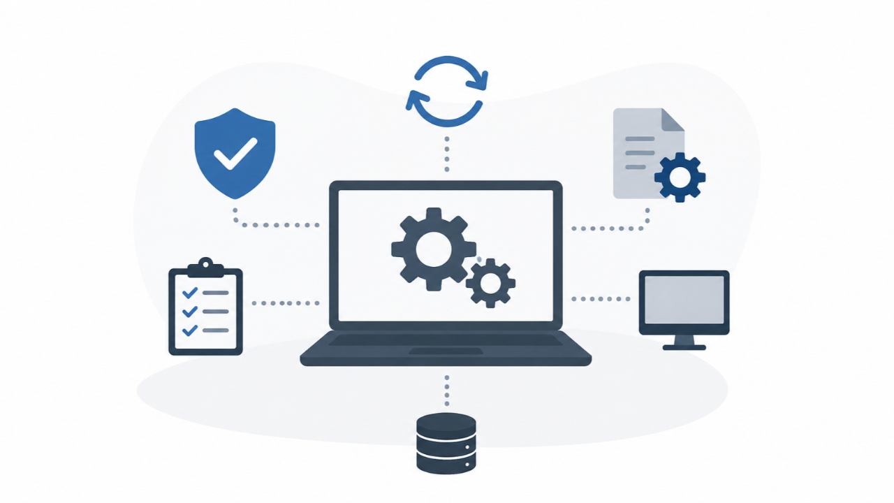 Minimalistische Darstellung von IT-Automatisierung mit Laptop, Zahnrädern, Sicherheits- und Systemsymbolen in vernetzter IT-Umgebung