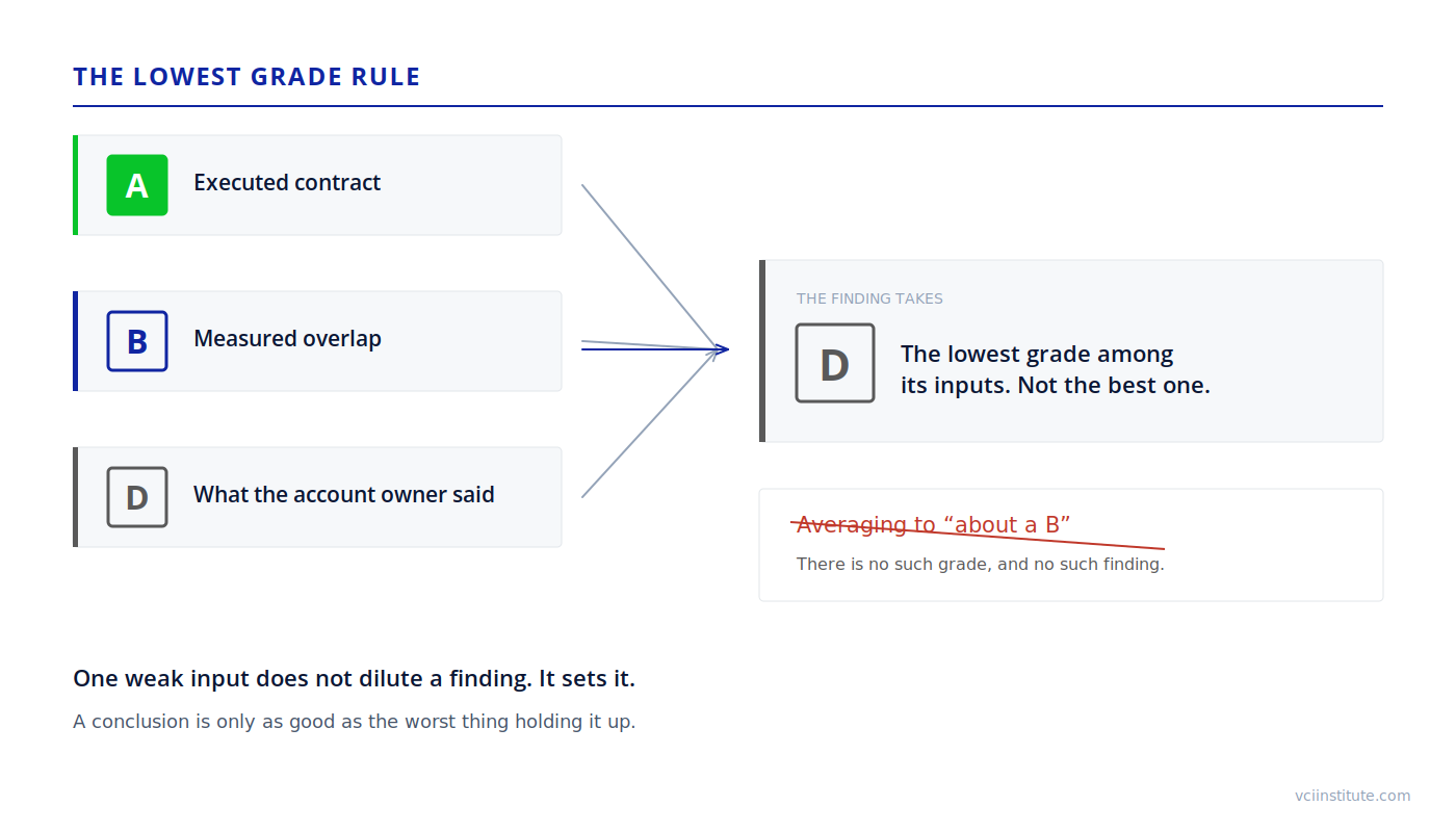 The lowest grade rule, showing a finding inheriting the weakest of its inputs