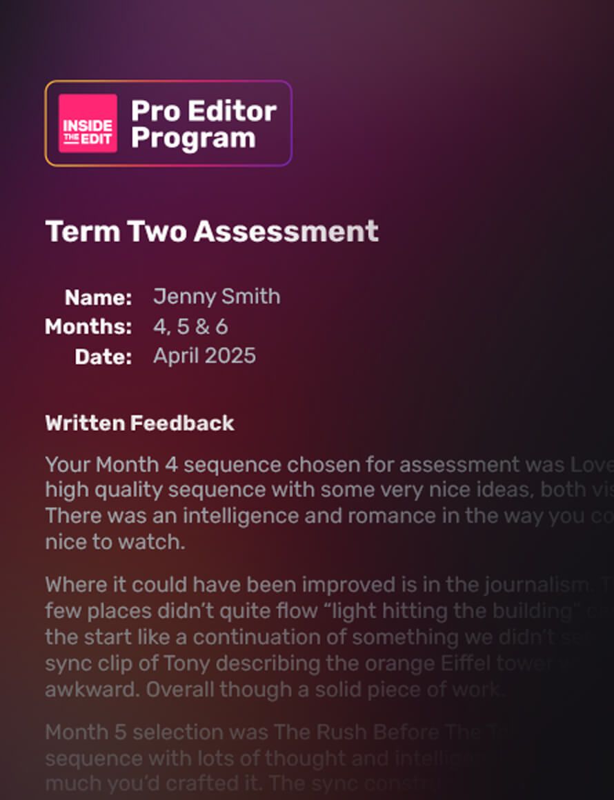 Example of a Term Two assessment from the Pro Editor Program, including written feedback on a student's work and an overview of their progress