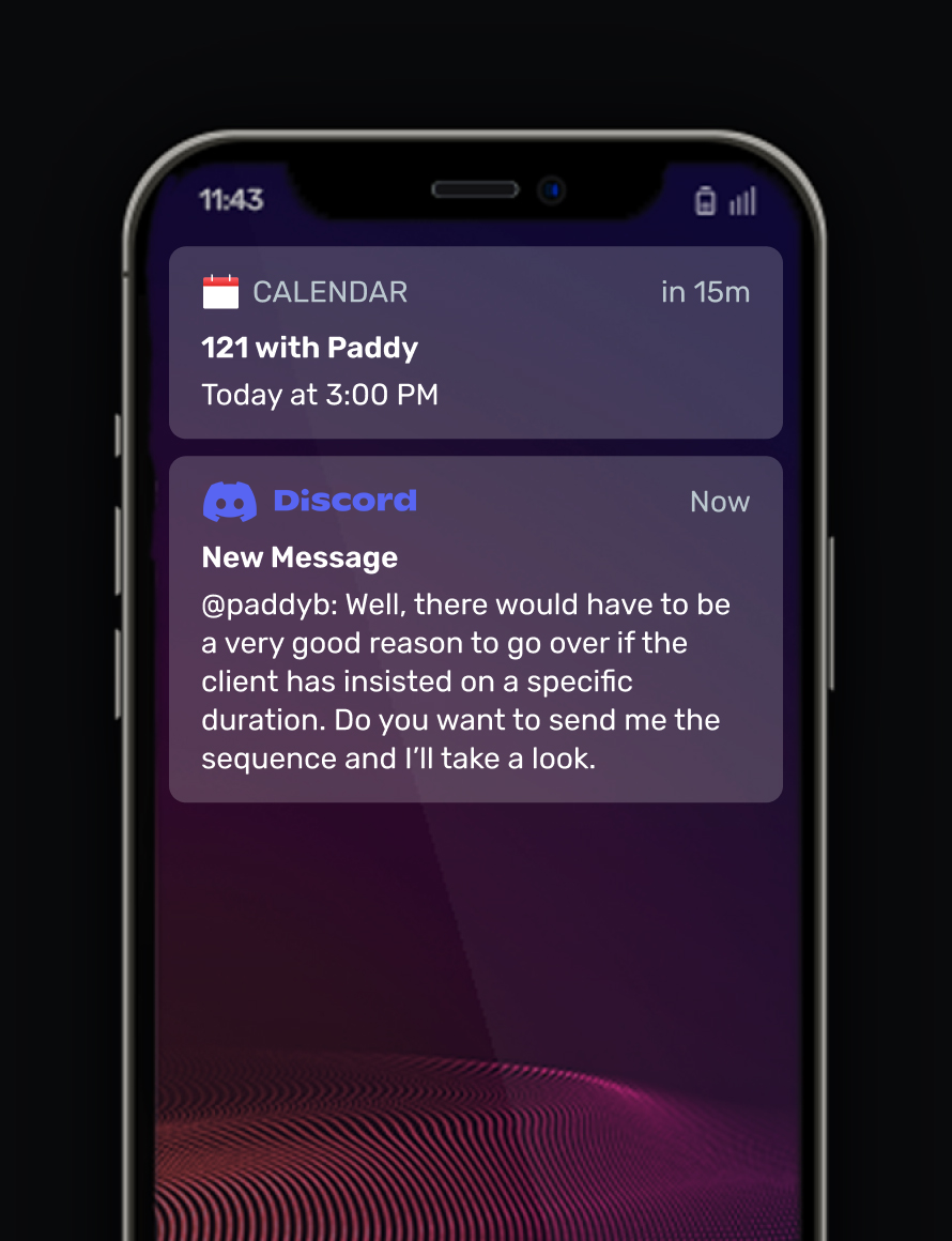 "Example of a Discord message on a phone showing a 1-2-1 message with Paddy, offering guidance on editing, with a calendar reminder for the session.