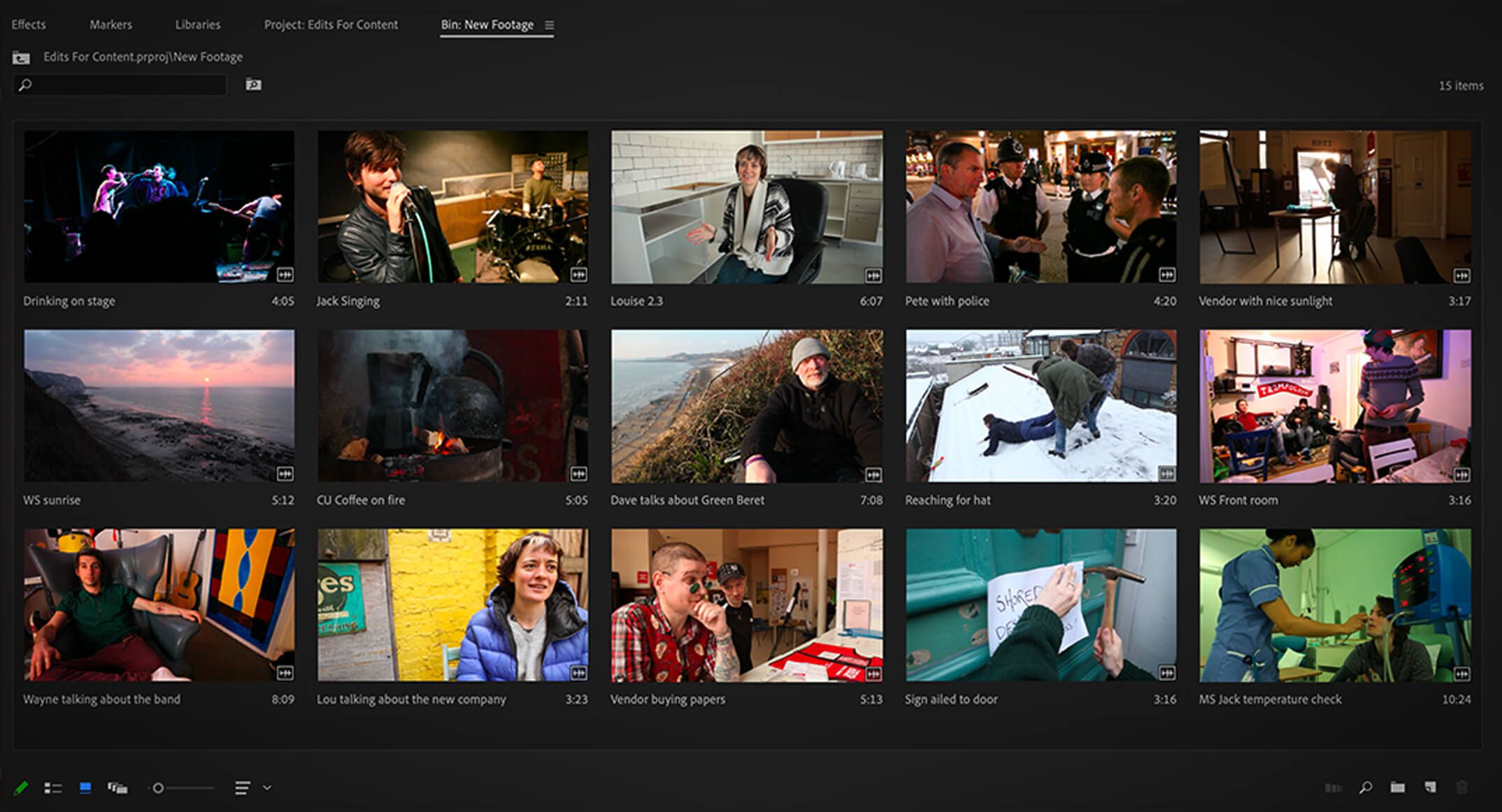 A selection of raw footage clips available to Pro Editor Program students, including scenes from various films such as a live performance, an interview, and scenic shots, showcasing different types of footage for practice and editing tasks.