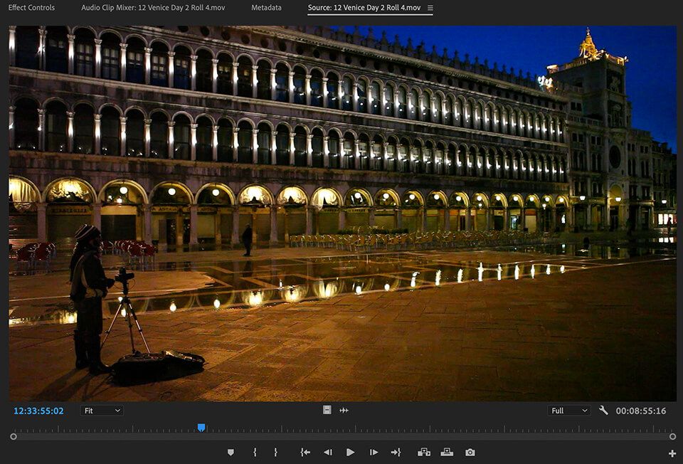 tmospheric shot of St. Mark's Square in Venice at night, featured in the Pro Level Raw Footage for editing practice.