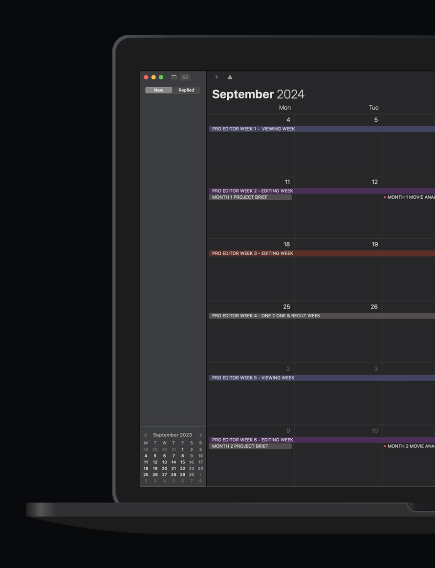 Calendar view showing the schedule for the Pro Editor Program, including weeks for Viewing Week, Editing Week, and 1-2-1 Feedback.