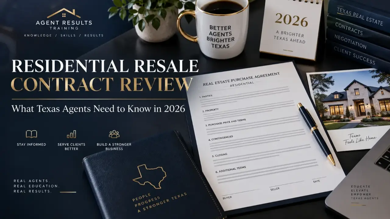 Texas real estate contract review workspace featuring a residential purchase agreement, home photo, 2026 calendar, and Agent Results Training branding.