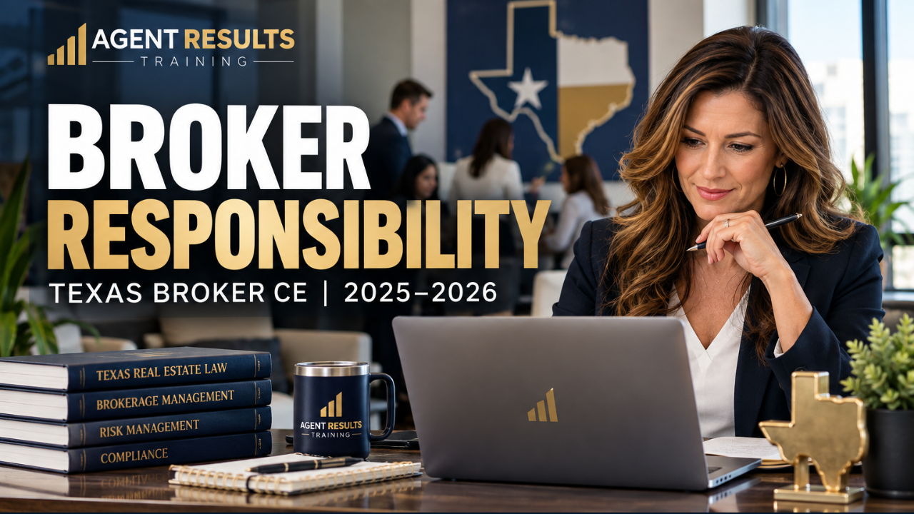 Texas real estate broker completing the Broker Responsibility 2025–2026 continuing education course online.