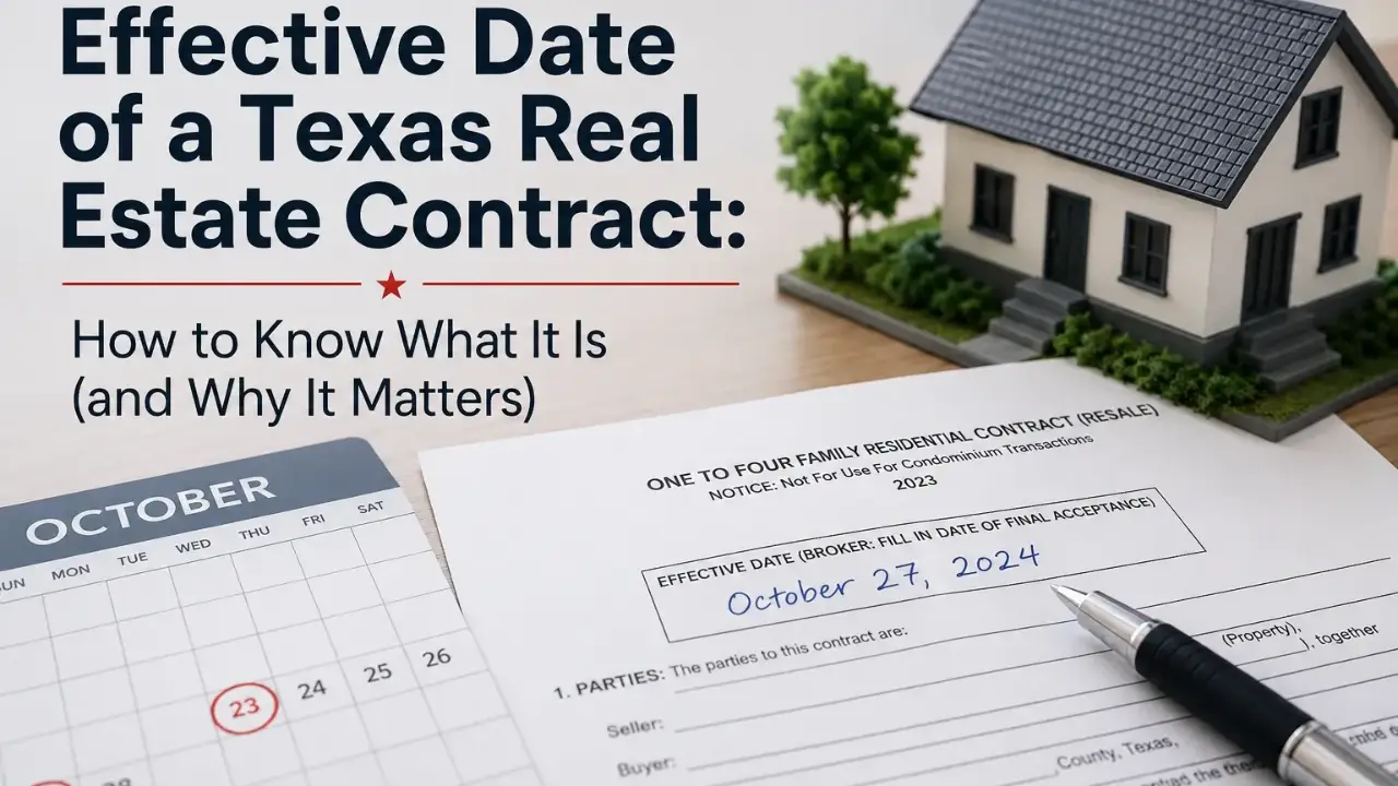 Effective date of a Texas real estate contract shown on a residential resale contract with an October calendar and pen.