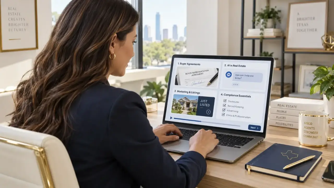 Texas real estate agent completing the online Legal Update II 2026-2027 TREC continuing education course on a laptop
