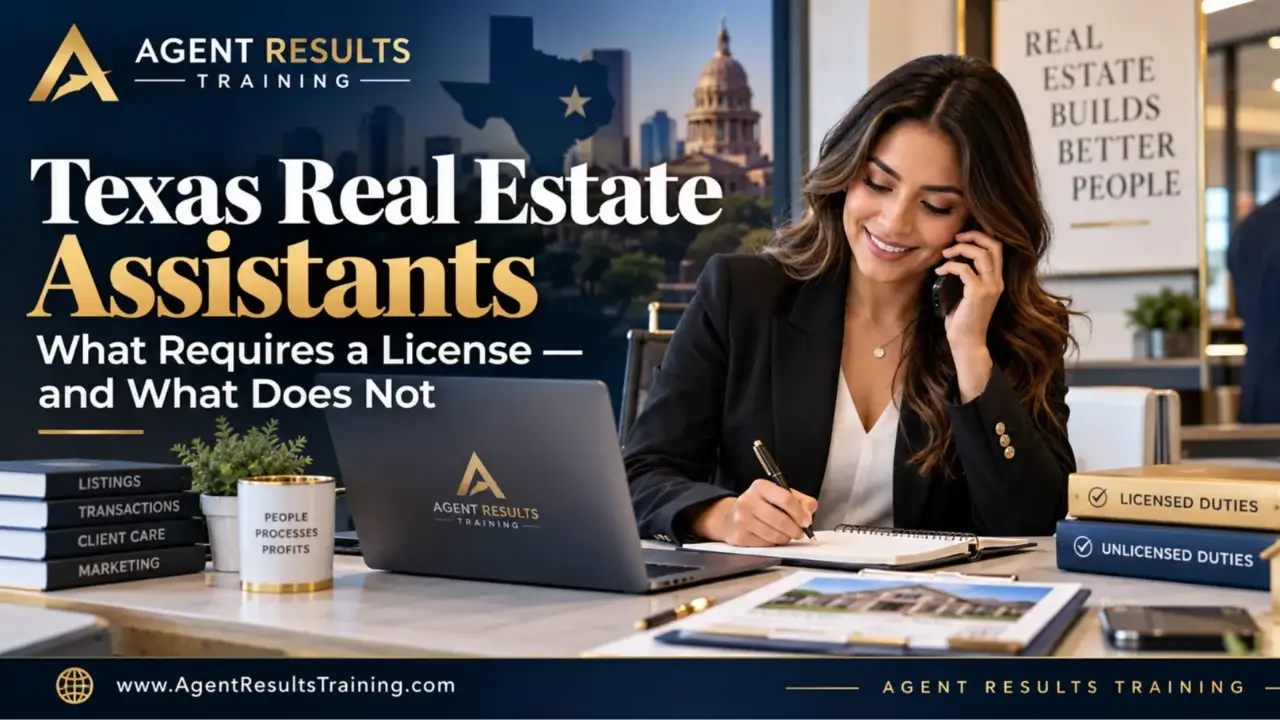 Texas real estate assistant working in a brokerage office, illustrating licensed versus unlicensed duties under Texas real estate regulations.